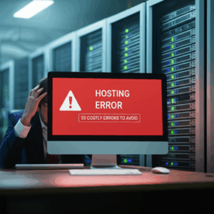 Generate a high-quality, relevant image prompt for an article about: Hosting Mistakes: 10 Costly Err